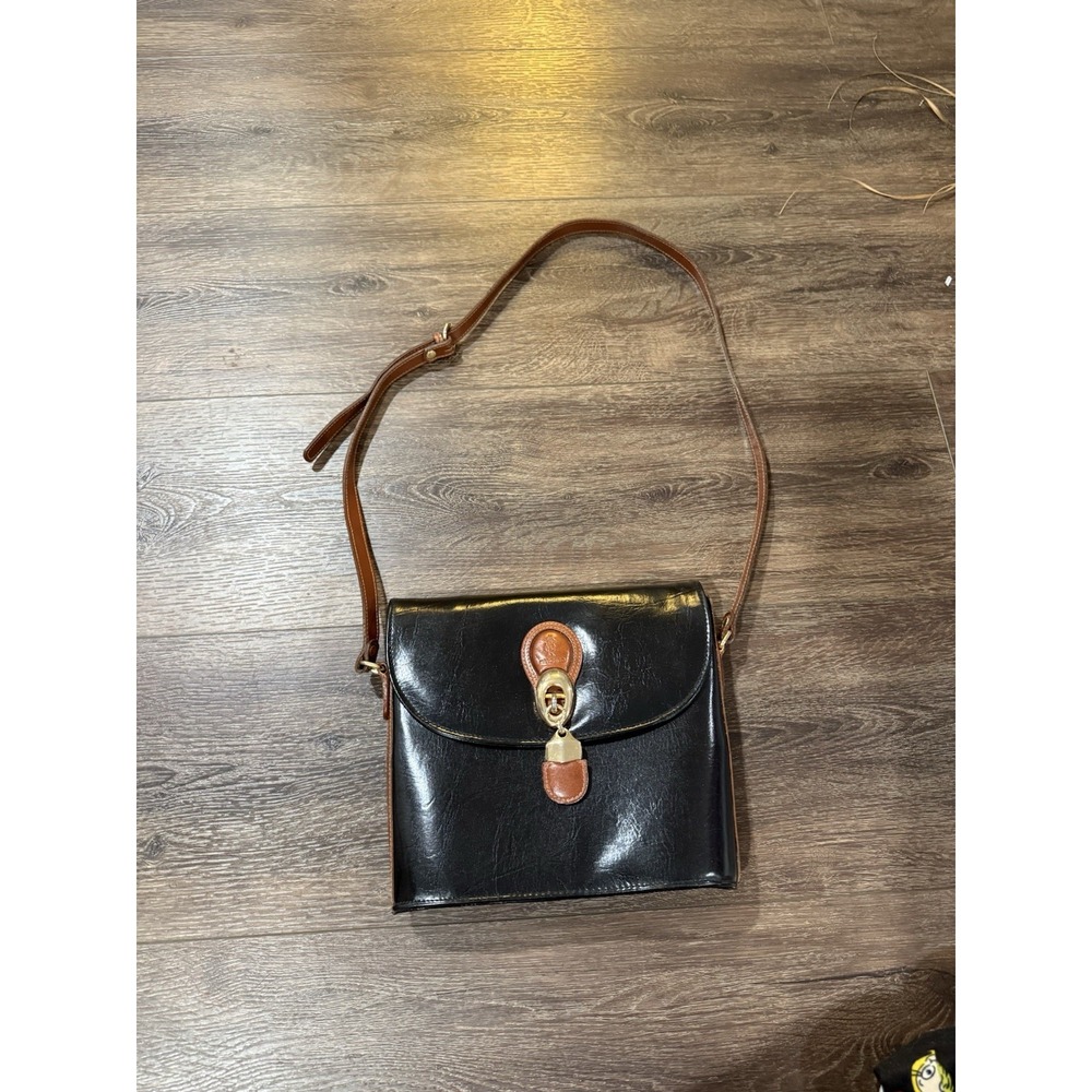 Vintage Marchino Italian black & brown leather purse belted adjustable shoulder